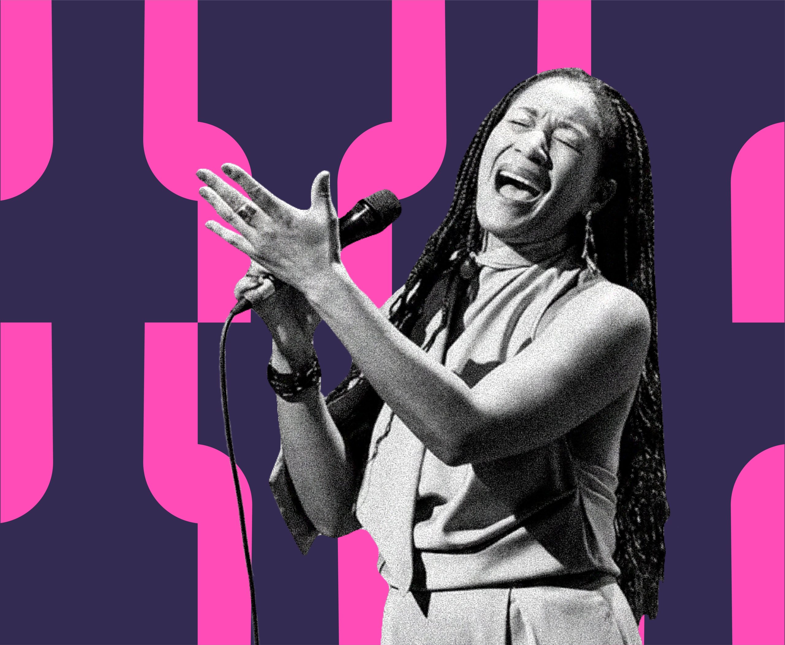 École de jazz, chanteuse en noir et blanc sur fond graphique coloré