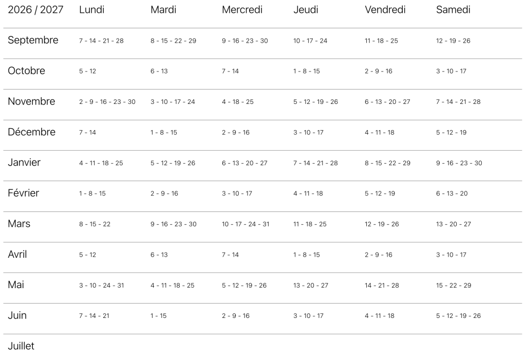 Calendrier des cours